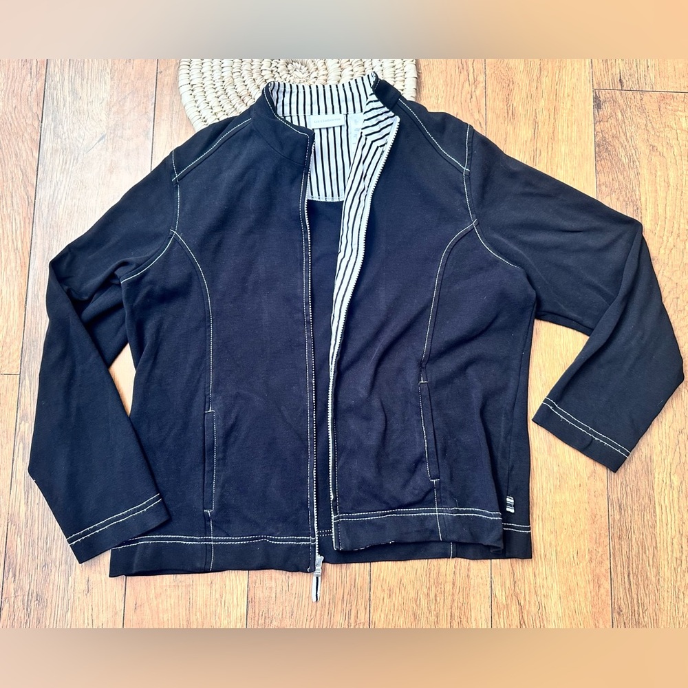 Liz Claiborne Black Zip Up Soft Lightweight Jacket with White Accents